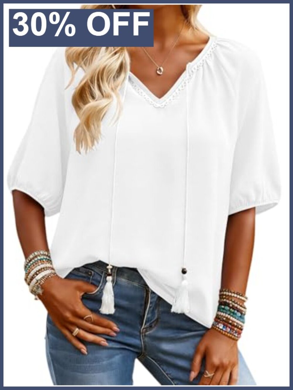 Womens Flowy Boho Peasant Top Tassel Tie V Neck Short Sleeve Blouse
